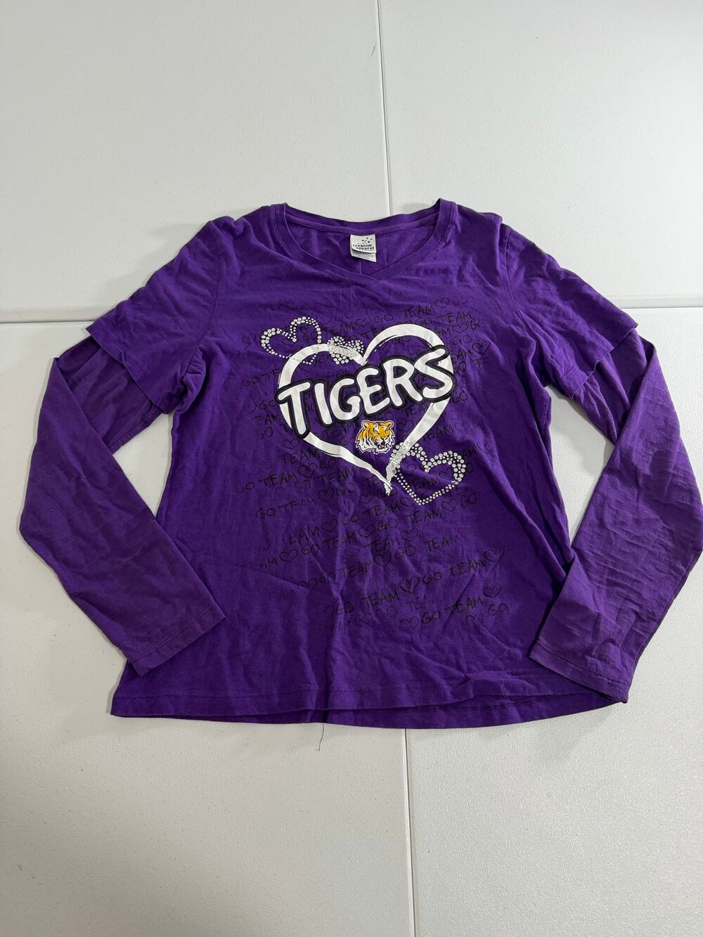 LSU Tigers Long Sleeve Shirt Juniors XL Purple Rhinestone Heart Bling Graphic